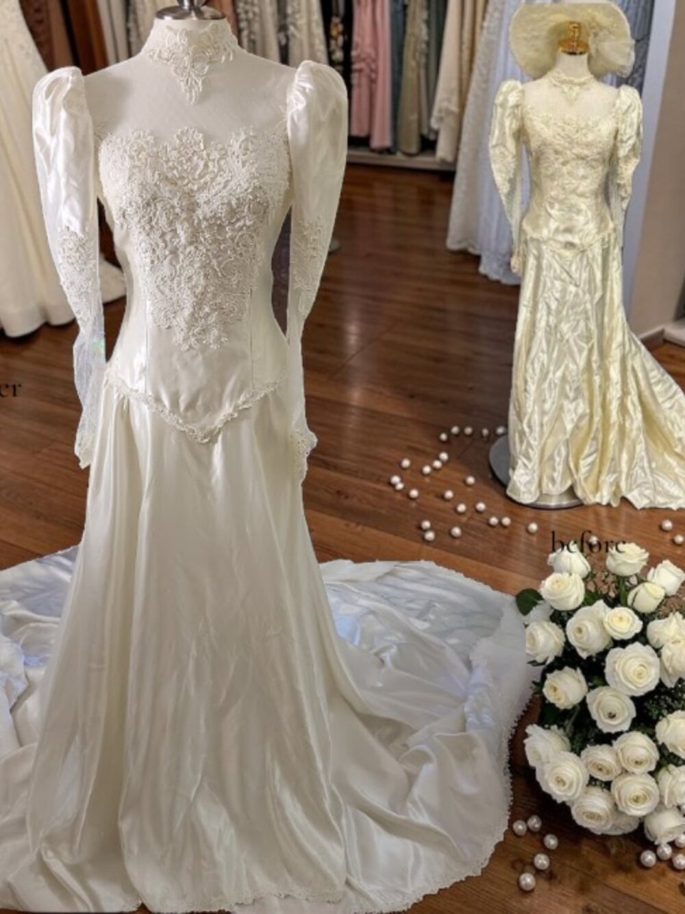 White Renewed Romantic Wedding Dress with Sheer Bishop Sleeves (Issues)